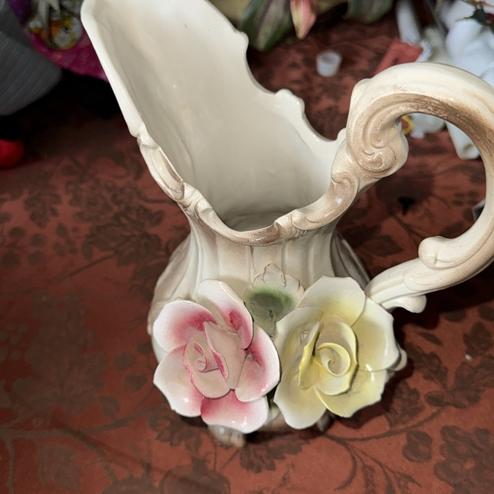 Vintage Capodimonte  Ceramic Pitcher with Pink and Yellow Roses - Picture 3 of 9